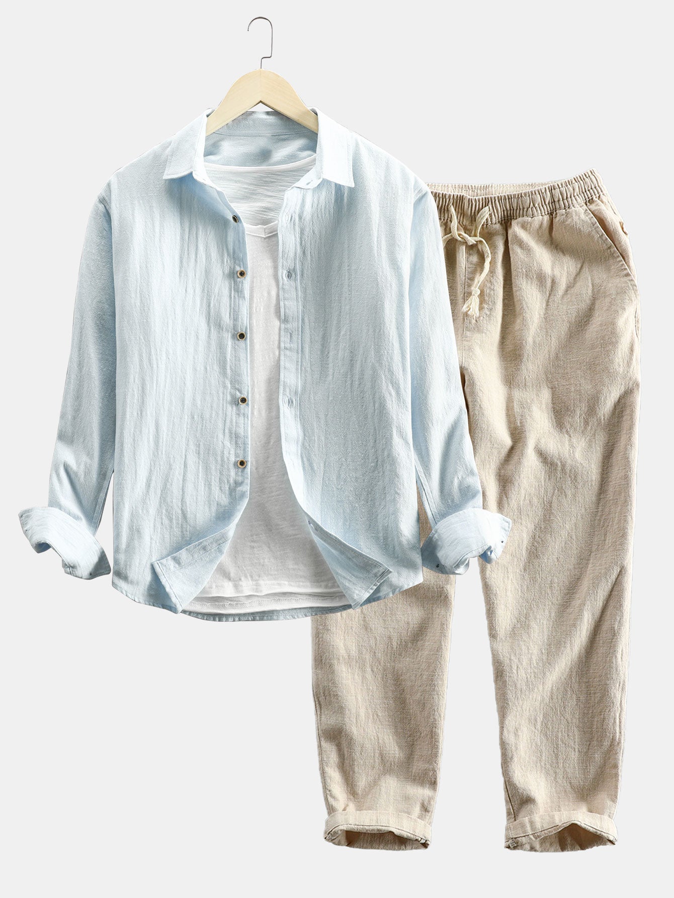 Long Sleeve Linen and Cotton Blend Button Up Shirt & Linen Cotton Blend Cropped Pants-Mitchell Shoes