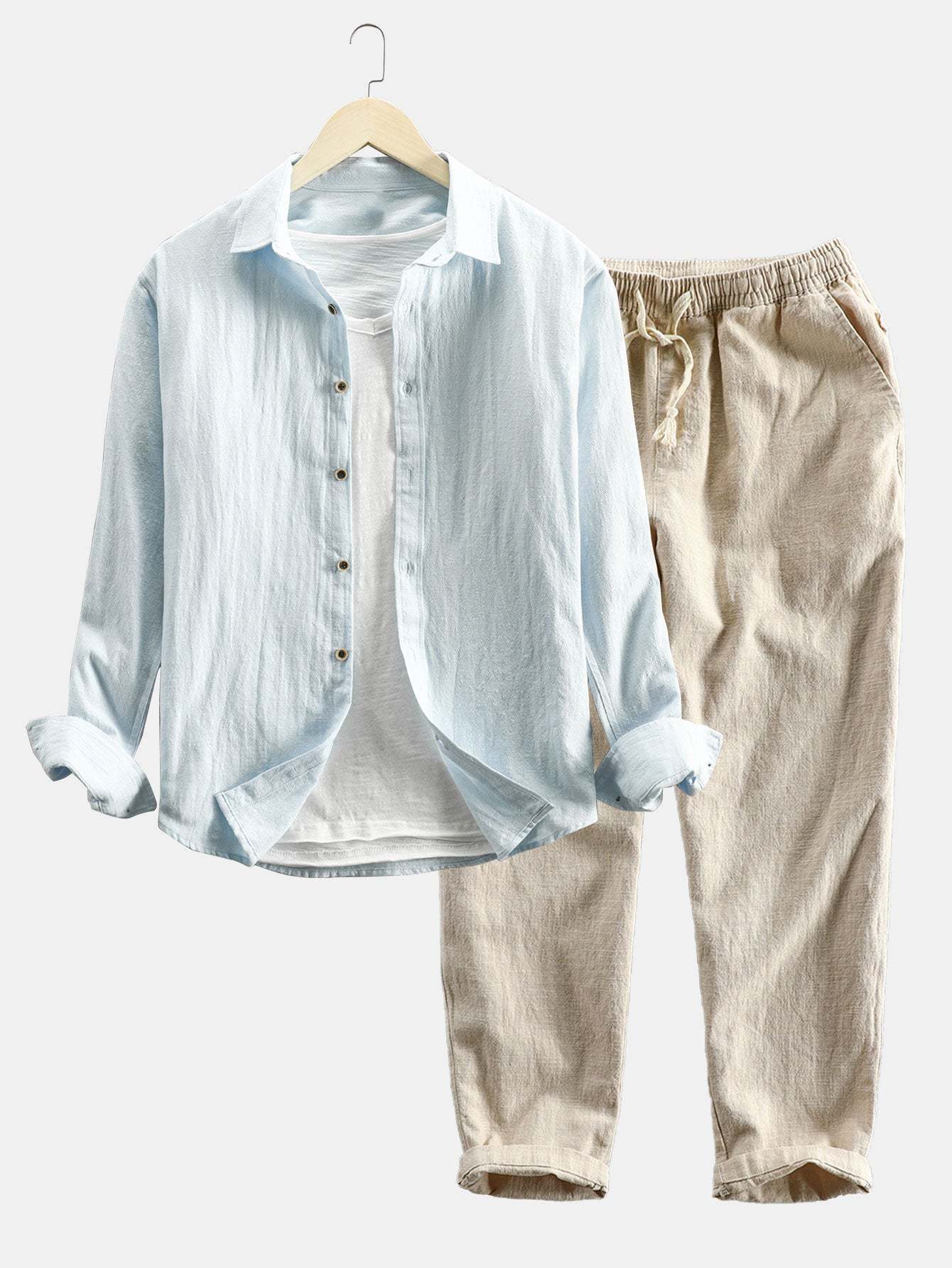 Long Sleeve Linen and Cotton Blend Button Up Shirt & Linen Cotton Blend Cropped Pants-Mitchell Shoes