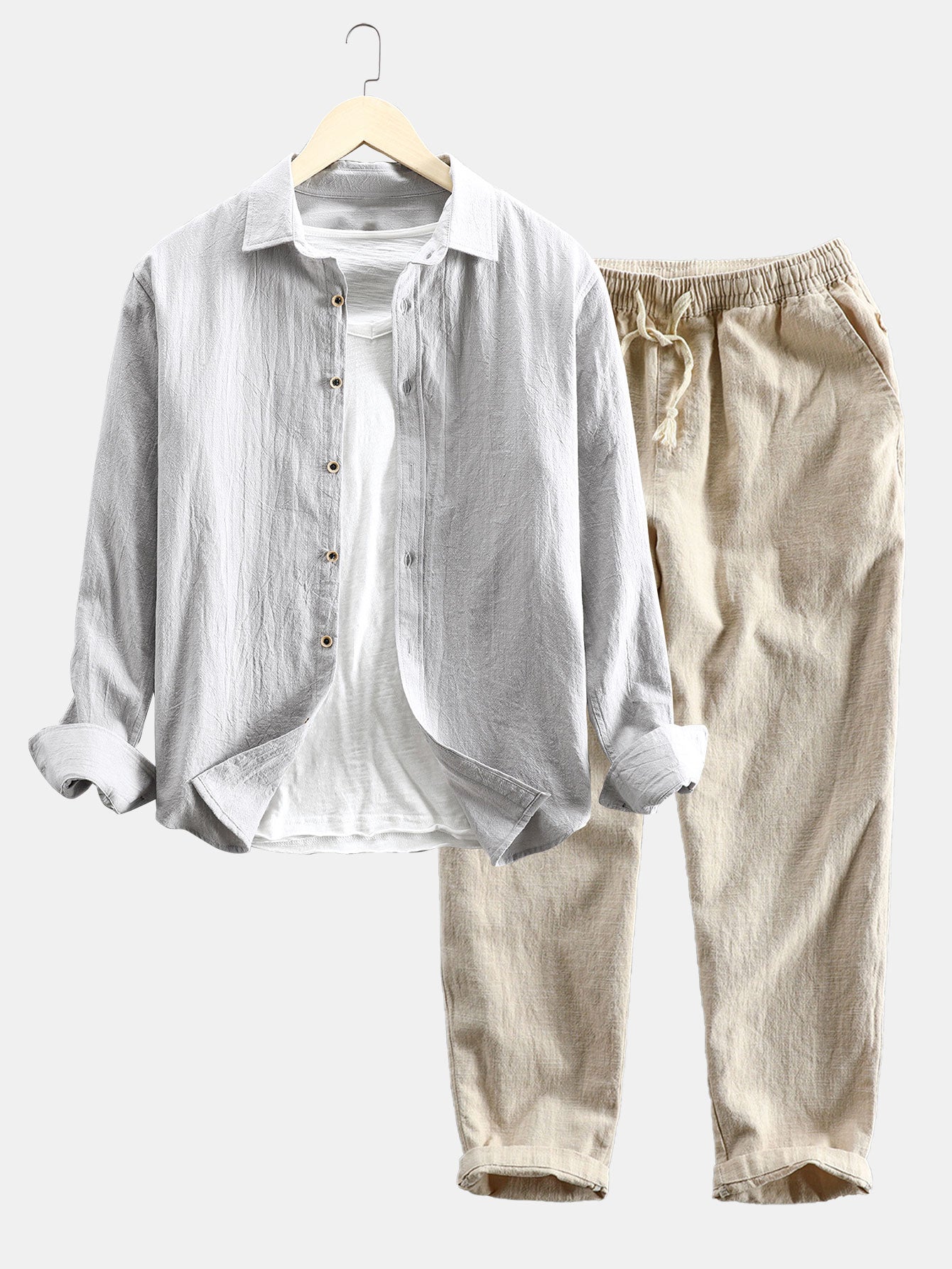 Long Sleeve Linen and Cotton Blend Button Up Shirt & Linen Cotton Blend Cropped Pants-Mitchell Shoes