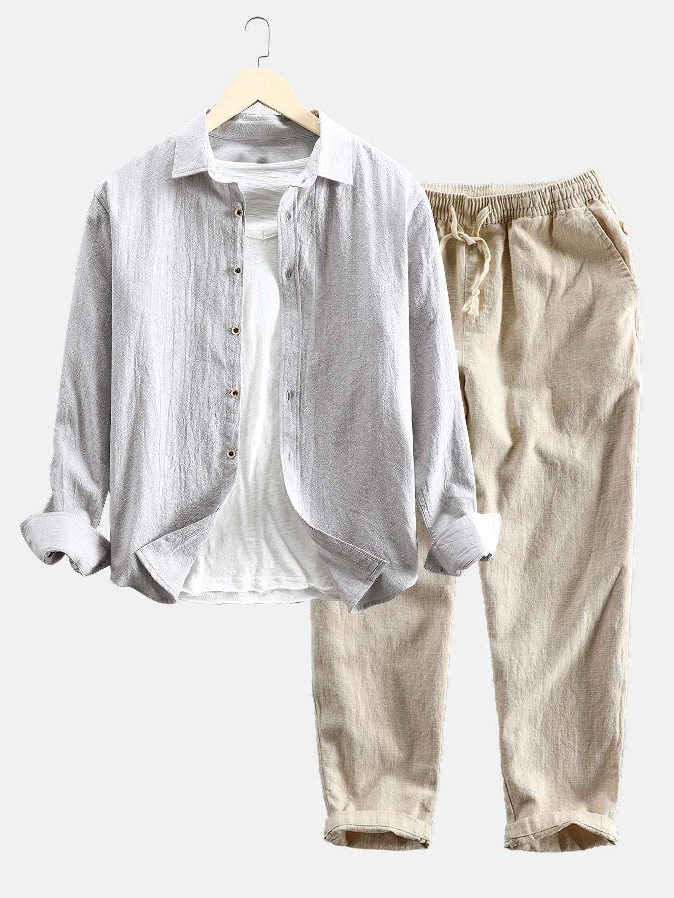 Long Sleeve Linen and Cotton Blend Button Up Shirt & Linen Cotton Blend Cropped Pants-Mitchell Shoes