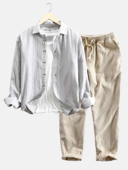 Long Sleeve Linen and Cotton Blend Button Up Shirt & Linen Cotton Blend Cropped Pants-Mitchell Shoes