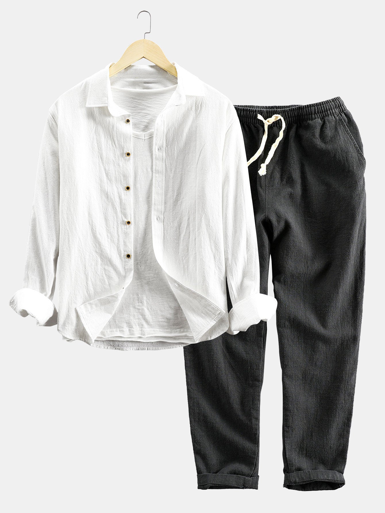 Long Sleeve Linen and Cotton Blend Button Up Shirt & Linen Cotton Blend Cropped Pants-Mitchell Shoes
