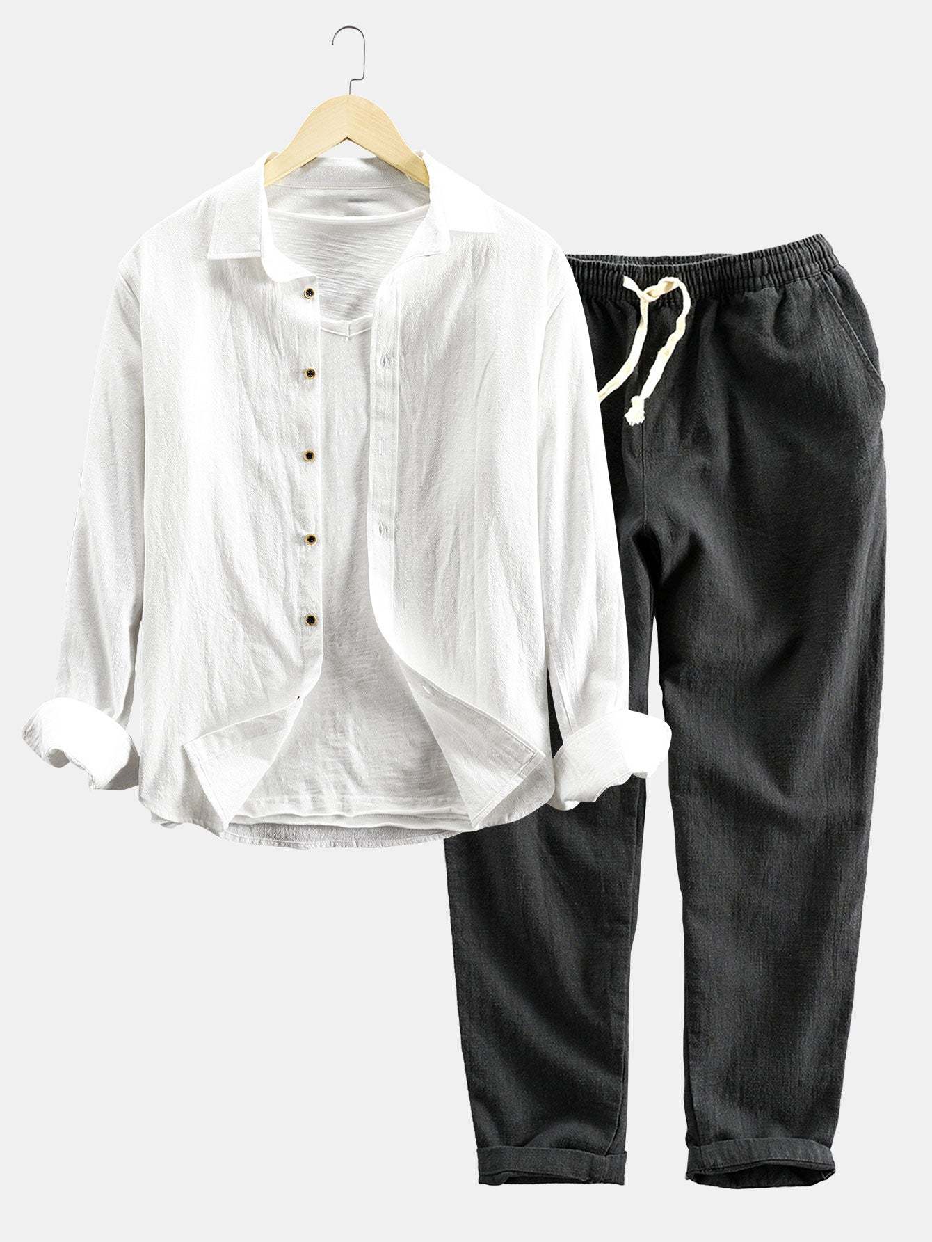 Long Sleeve Linen and Cotton Blend Button Up Shirt & Linen Cotton Blend Cropped Pants-Mitchell Shoes