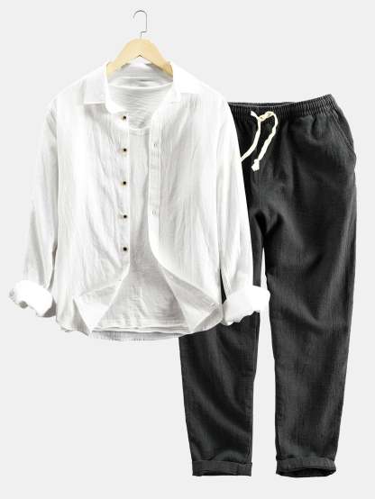 Long Sleeve Linen and Cotton Blend Button Up Shirt & Linen Cotton Blend Cropped Pants-Mitchell Shoes