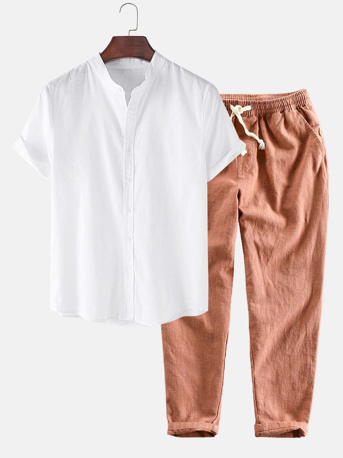 Linen Look Short Sleeve Stand Collar Shirt & Linen Cotton Blend Cropped Pants-Mitchell Shoes