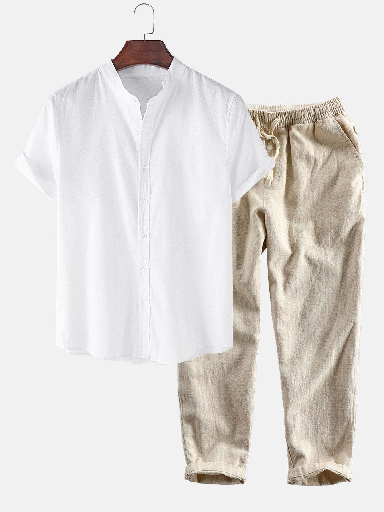 Linen Look Short Sleeve Stand Collar Shirt & Linen Cotton Blend Cropped Pants-Mitchell Shoes