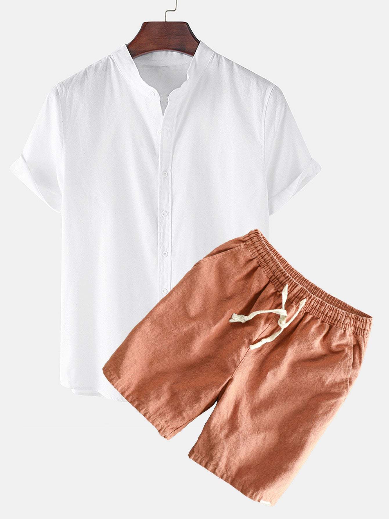 Linen Look Short Sleeve Stand Collar Shirt & Linen Cotton Blend Drawstring Shorts-Mitchell Shoes