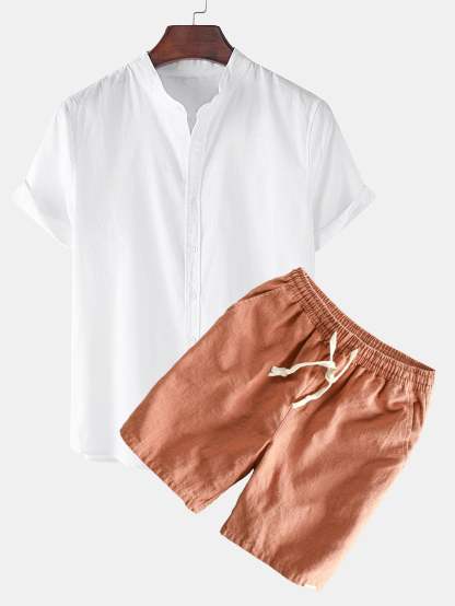 Linen Look Short Sleeve Stand Collar Shirt & Linen Cotton Blend Drawstring Shorts-Mitchell Shoes