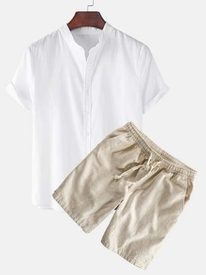 Linen Look Short Sleeve Stand Collar Shirt & Linen Cotton Blend Drawstring Shorts-Mitchell Shoes