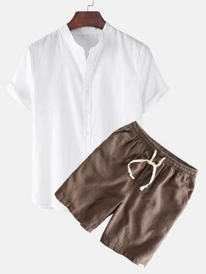Linen Look Short Sleeve Stand Collar Shirt & Linen Cotton Blend Drawstring Shorts-Mitchell Shoes