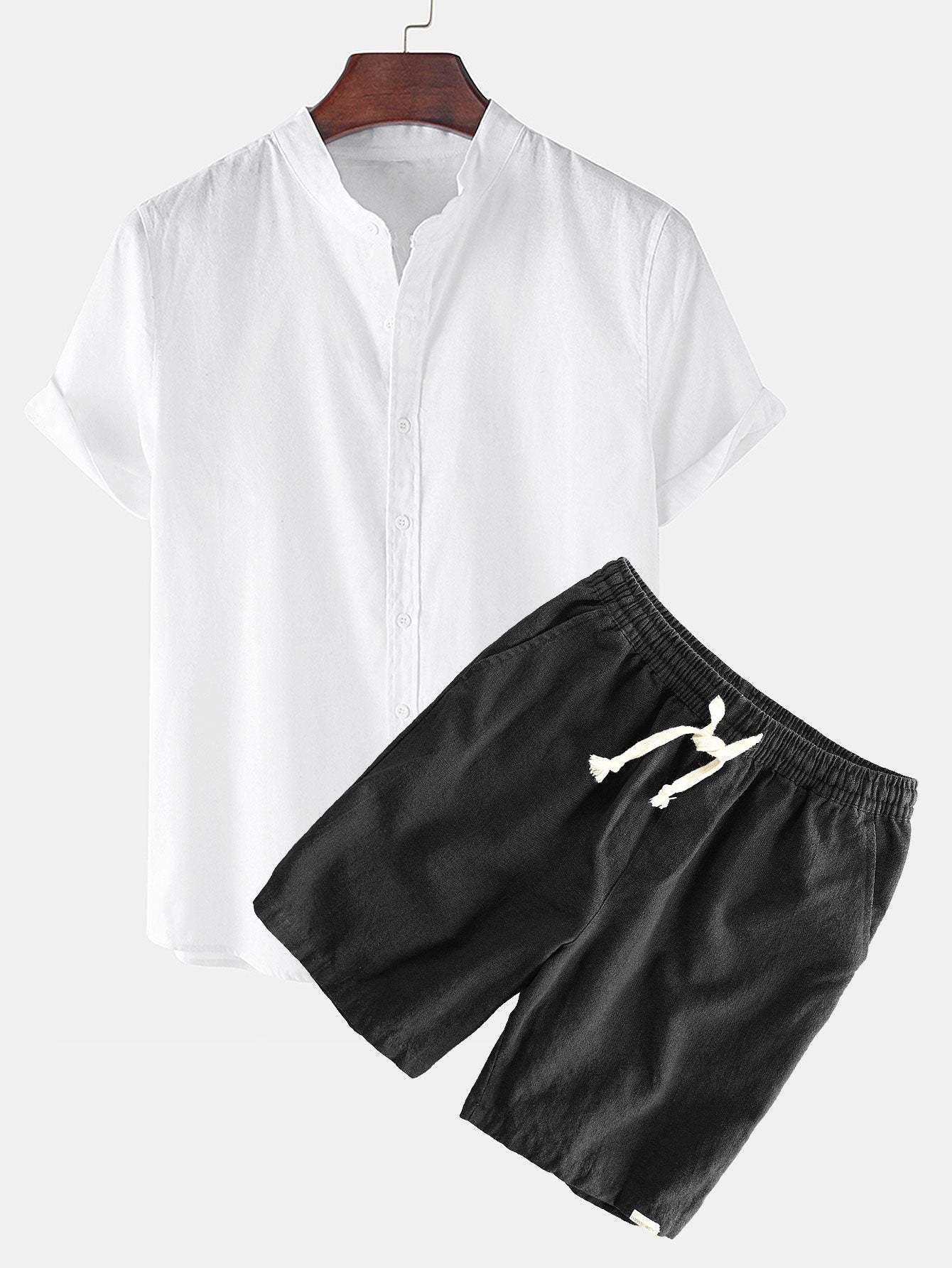 Linen Look Short Sleeve Stand Collar Shirt & Linen Cotton Blend Drawstring Shorts-Mitchell Shoes