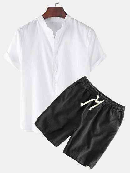 Linen Look Short Sleeve Stand Collar Shirt & Linen Cotton Blend Drawstring Shorts-Mitchell Shoes
