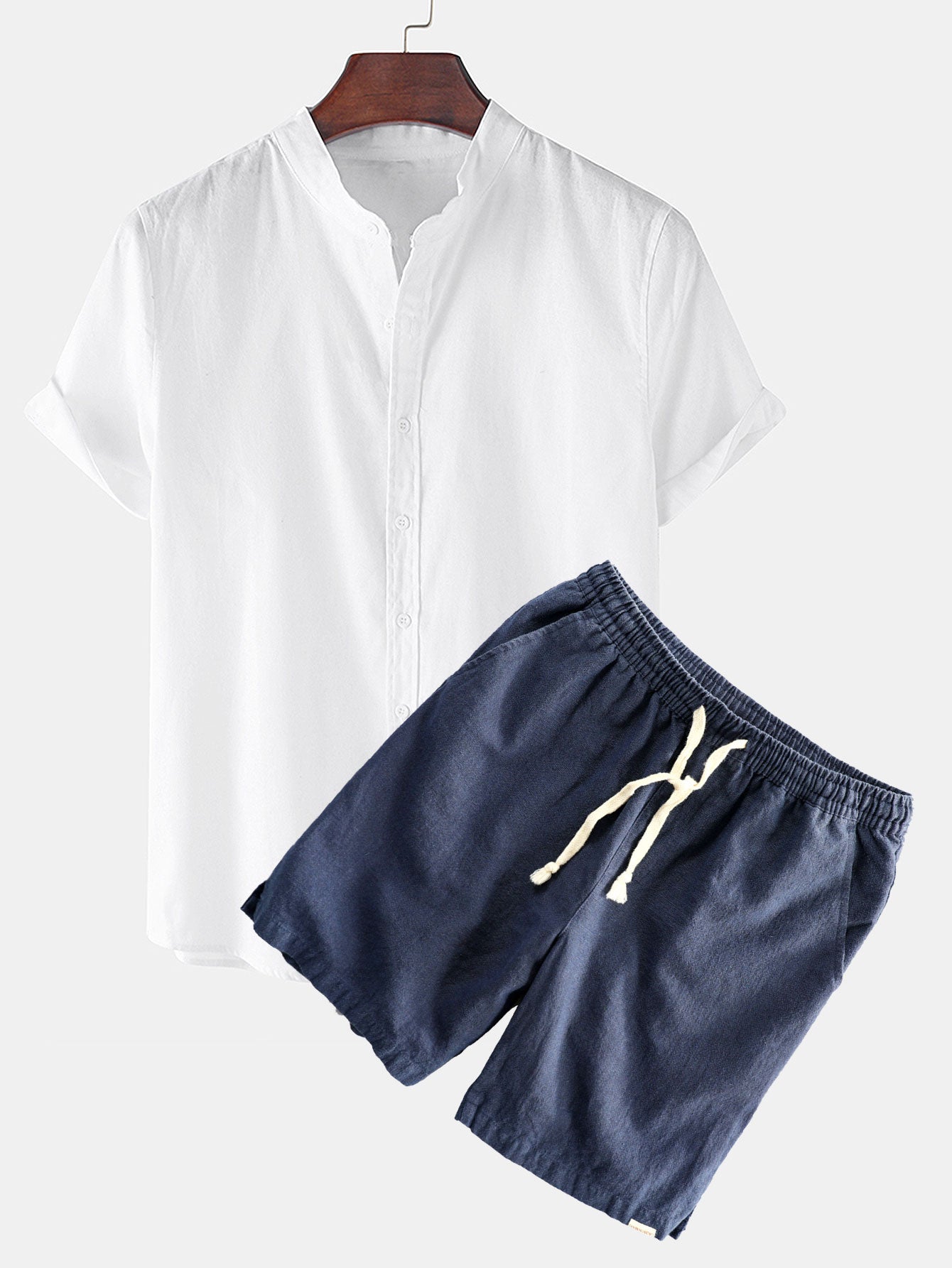 Linen Look Short Sleeve Stand Collar Shirt & Linen Cotton Blend Drawstring Shorts-Mitchell Shoes