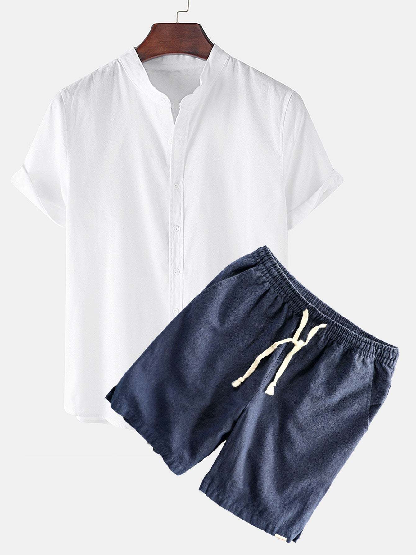 Linen Look Short Sleeve Stand Collar Shirt & Linen Cotton Blend Drawstring Shorts-Mitchell Shoes