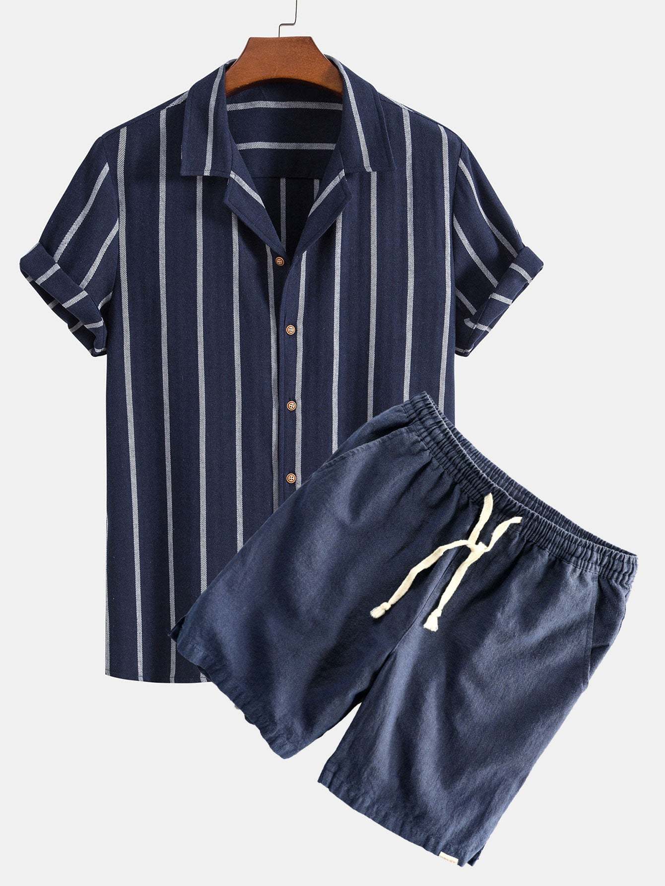 Cotton Blend Striped Cuban Shirt & Linen Cotton Blend Drawstring Shorts-Mitchell Shoes