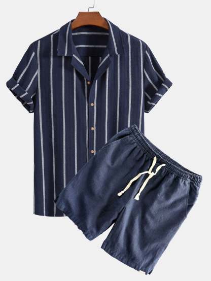 Cotton Blend Striped Cuban Shirt & Linen Cotton Blend Drawstring Shorts-Mitchell Shoes