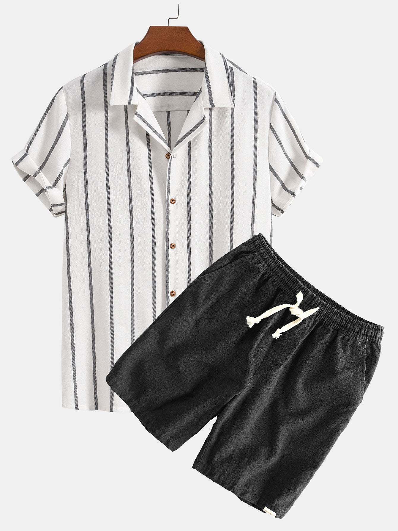 Cotton Blend Striped Cuban Shirt & Linen Cotton Blend Drawstring Shorts-Mitchell Shoes