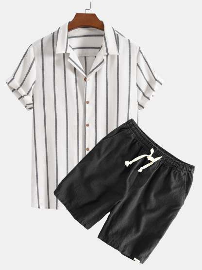 Cotton Blend Striped Cuban Shirt & Linen Cotton Blend Drawstring Shorts-Mitchell Shoes