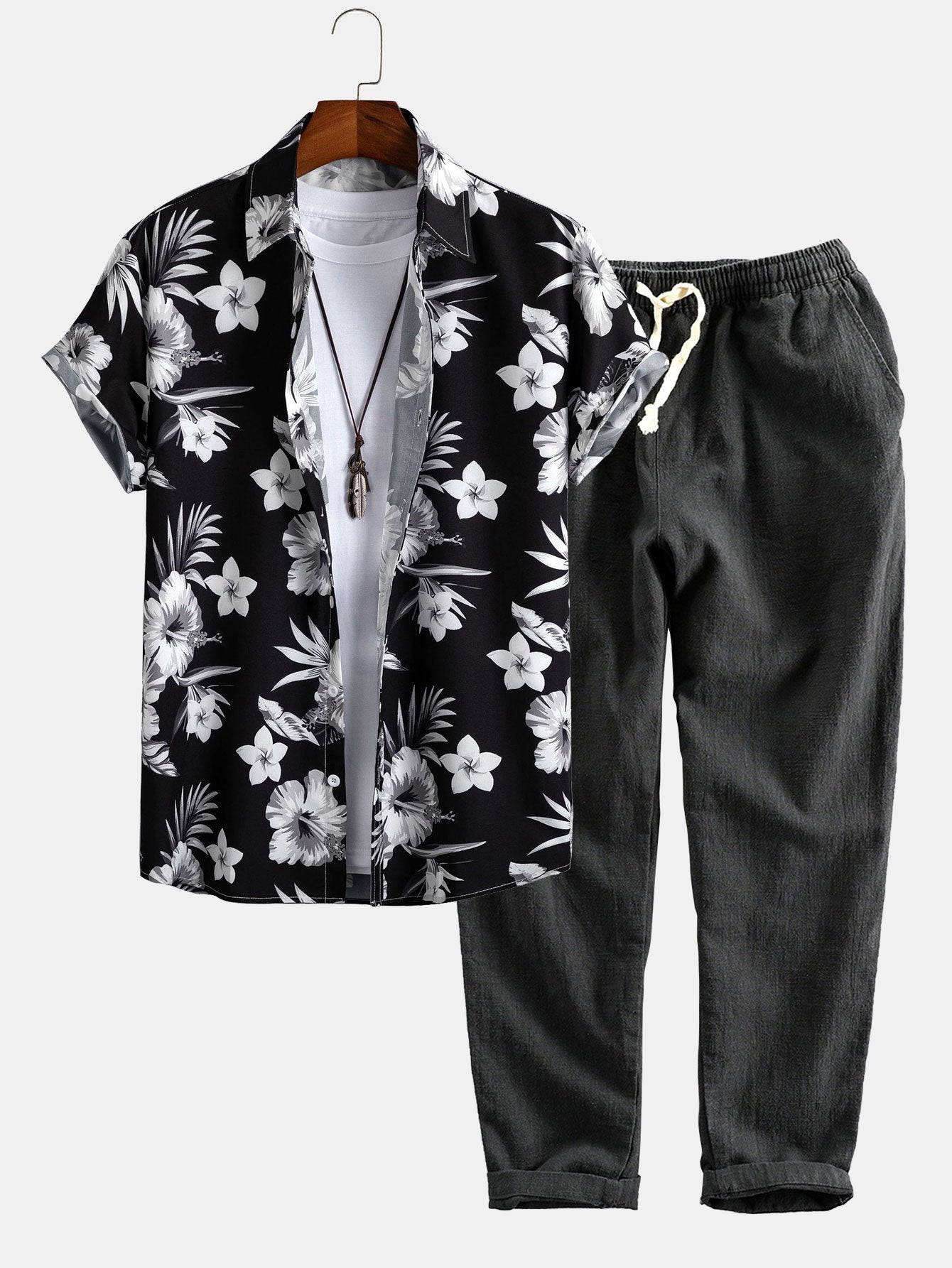 Tropical Floral Print Button Up Shirt & Linen Cotton Blend Cropped Pants-Mitchell Shoes