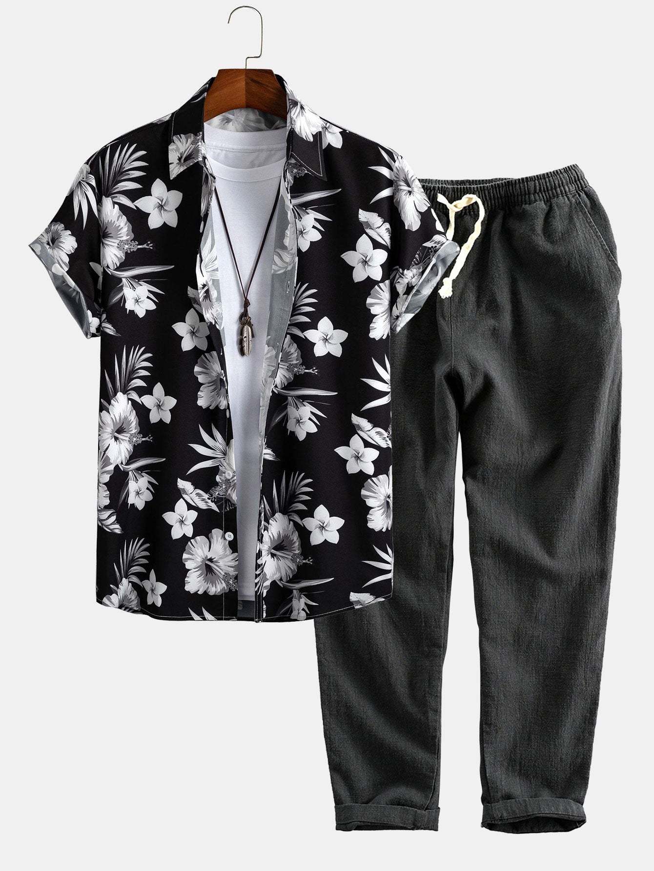 Tropical Floral Print Button Up Shirt & Linen Cotton Blend Cropped Pants-Mitchell Shoes