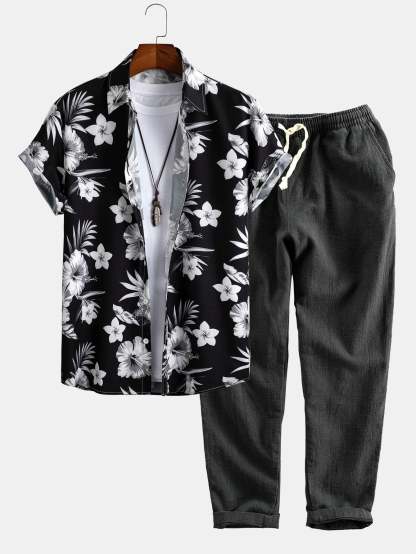 Tropical Floral Print Button Up Shirt & Linen Cotton Blend Cropped Pants-Mitchell Shoes