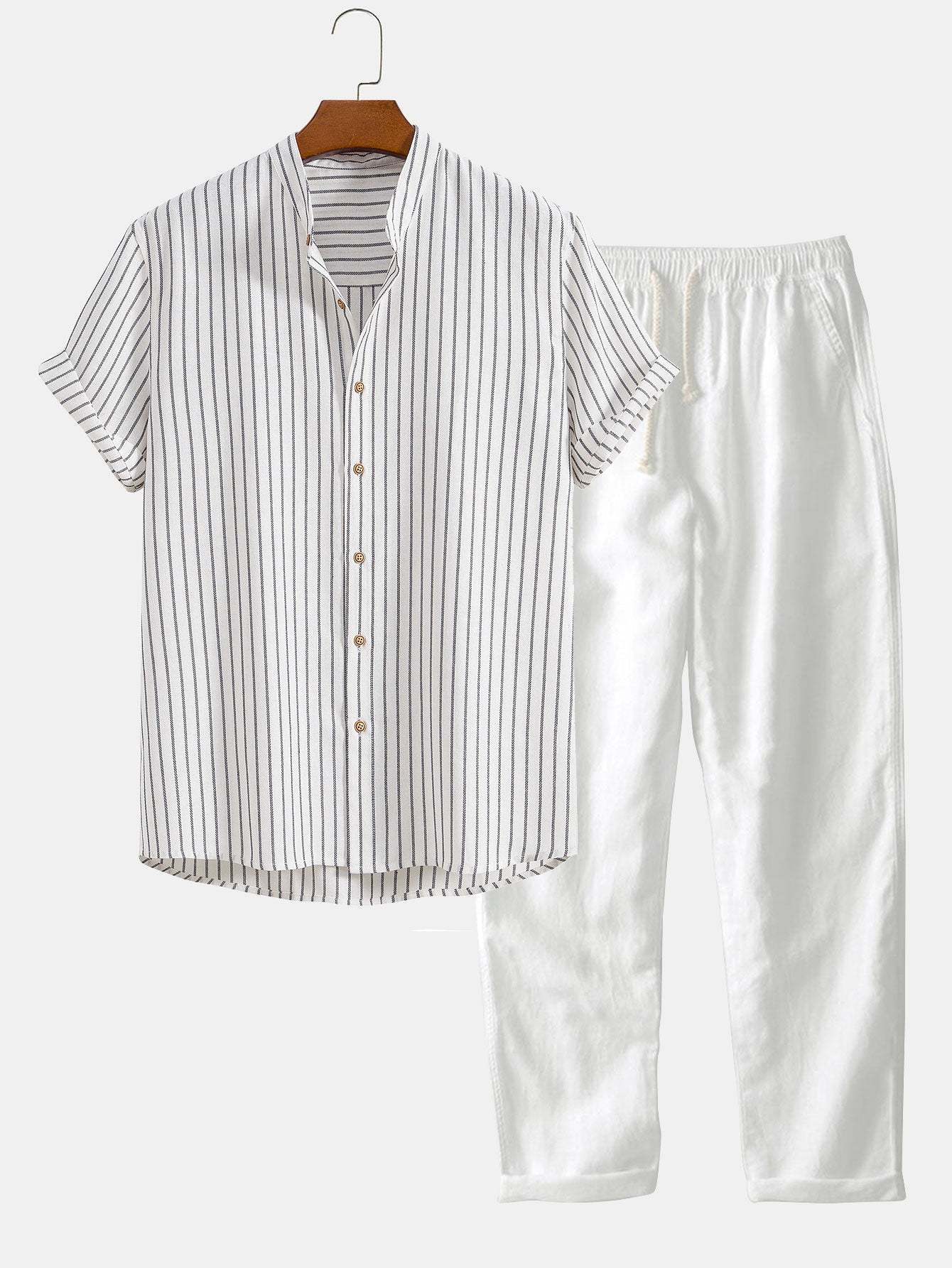 Cotton Blend Striped Stand Collar Shirt & Straight Leg Linen Pants-Mitchell Shoes