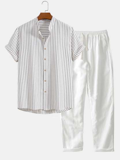 Cotton Blend Striped Stand Collar Shirt & Straight Leg Linen Pants-Mitchell Shoes