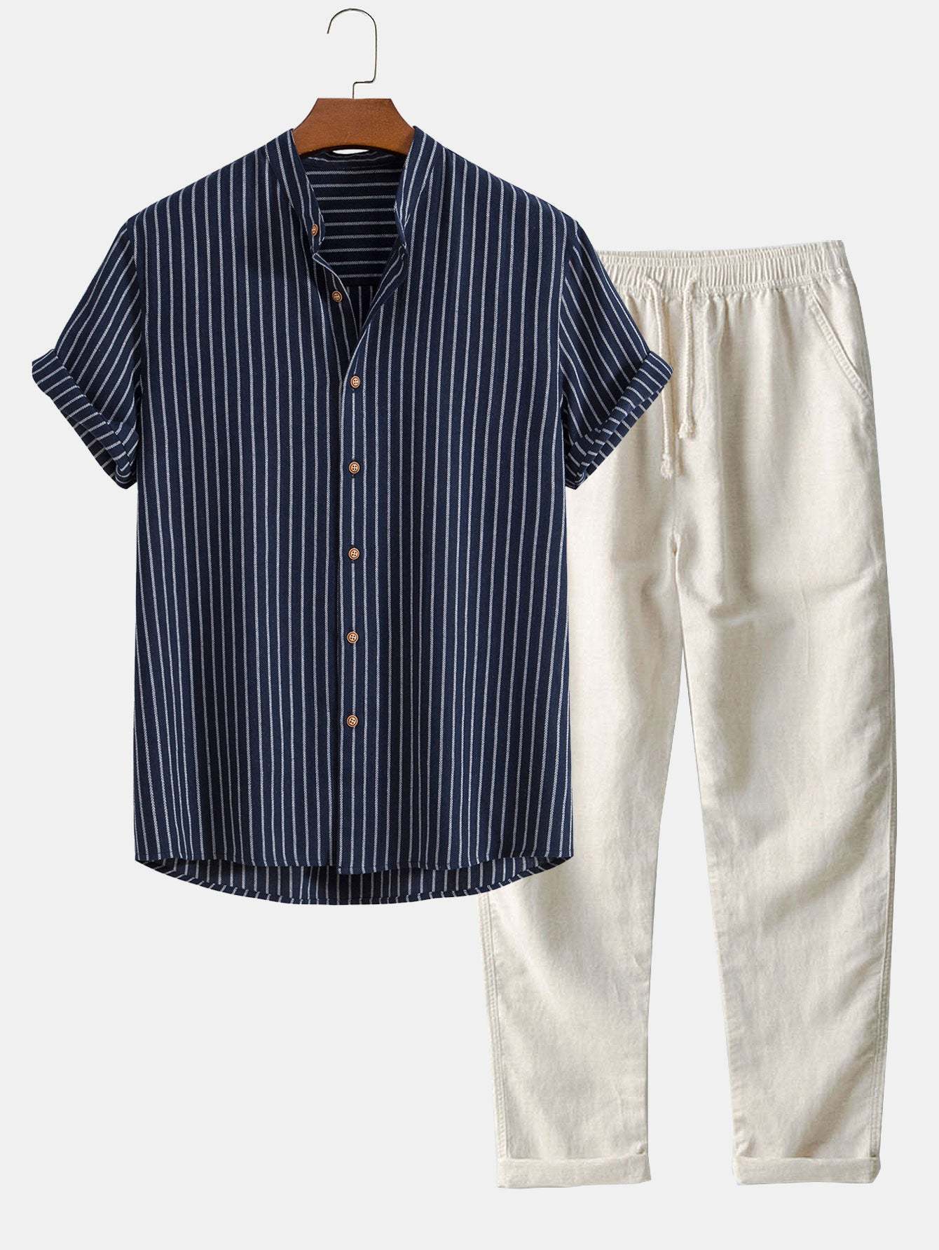 Cotton Blend Striped Stand Collar Shirt & Straight Leg Linen Pants-Mitchell Shoes