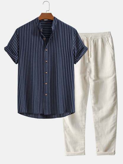 Cotton Blend Striped Stand Collar Shirt & Straight Leg Linen Pants-Mitchell Shoes