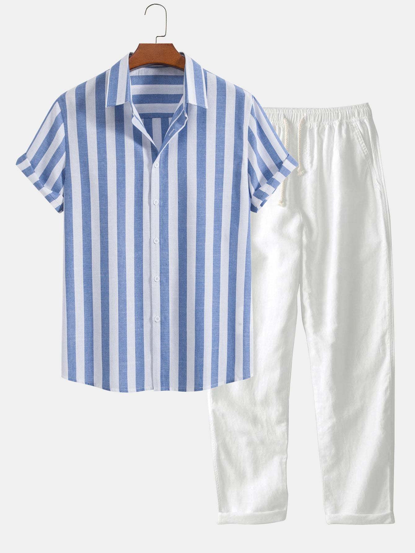 Striped Cotton Blend Button Up Shirt & Straight Leg Linen Pants-Mitchell Shoes