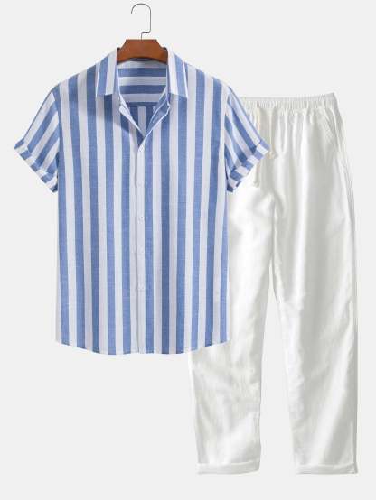 Striped Cotton Blend Button Up Shirt & Straight Leg Linen Pants-Mitchell Shoes