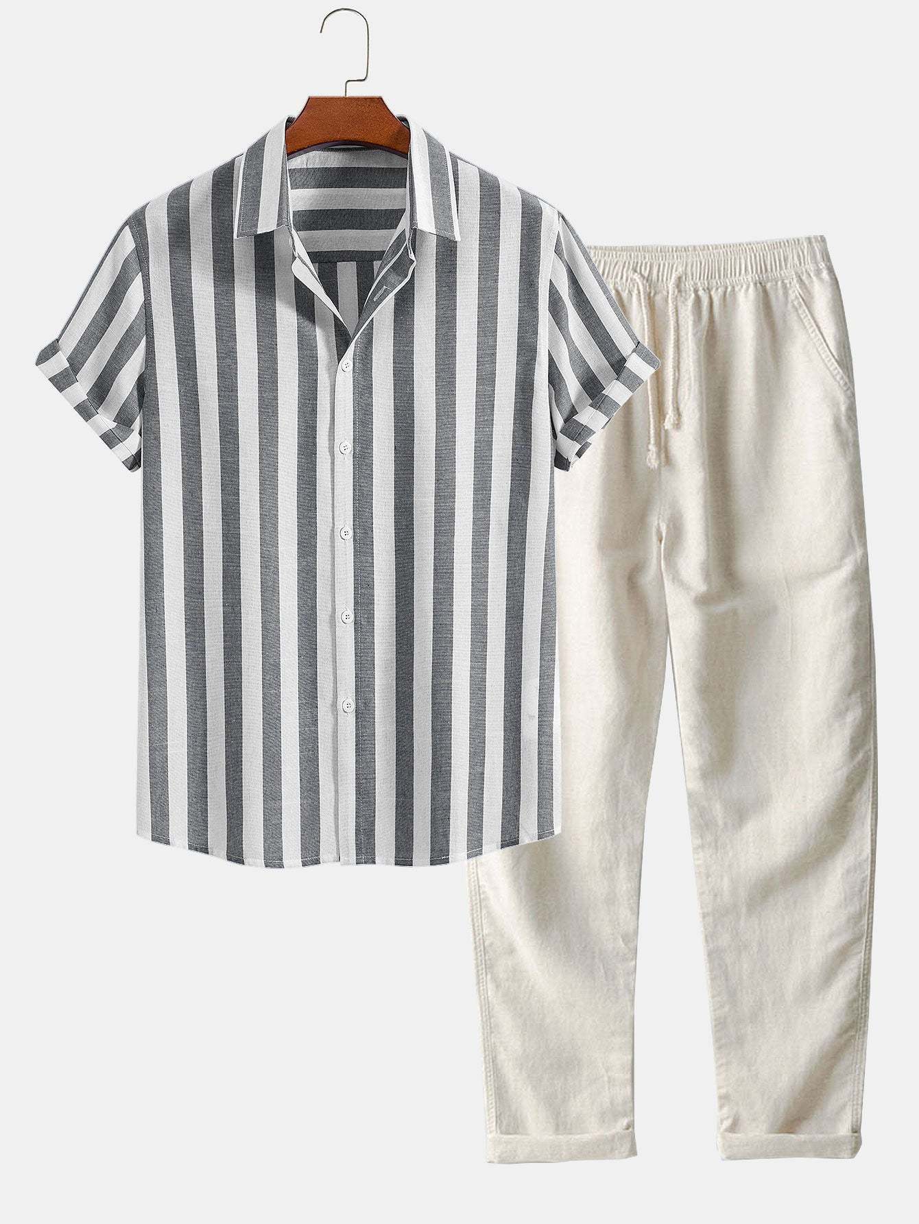 Striped Cotton Blend Button Up Shirt & Straight Leg Linen Pants-Mitchell Shoes