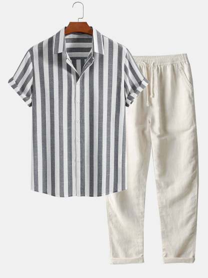 Striped Cotton Blend Button Up Shirt & Straight Leg Linen Pants-Mitchell Shoes