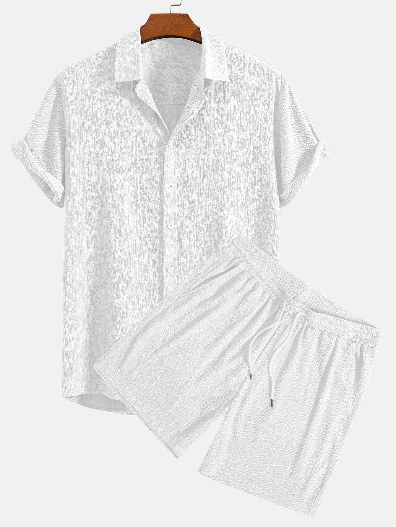 Wrinkled Textured Button Up Shirt & Shorts-Mitchell Shoes