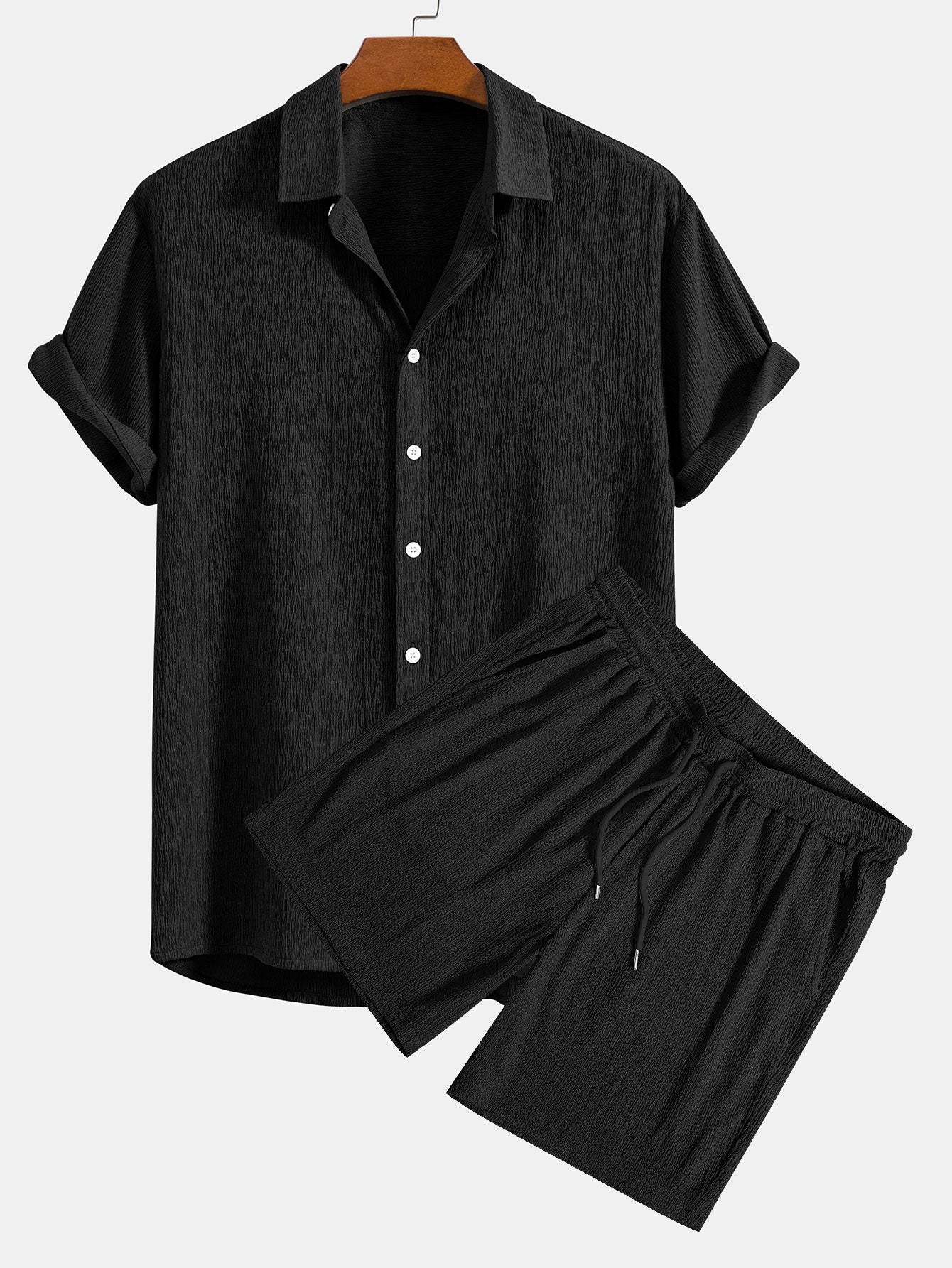 Wrinkled Textured Button Up Shirt & Shorts-Mitchell Shoes