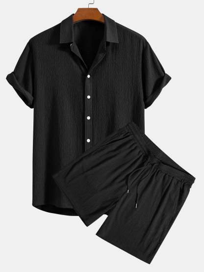 Wrinkled Textured Button Up Shirt & Shorts-Mitchell Shoes