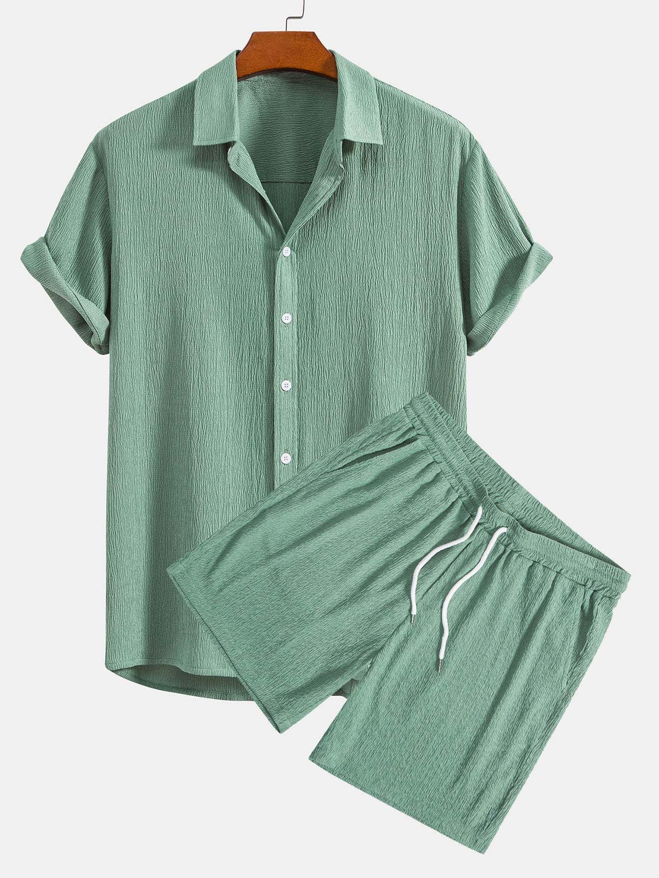Wrinkled Textured Button Up Shirt & Shorts-Mitchell Shoes