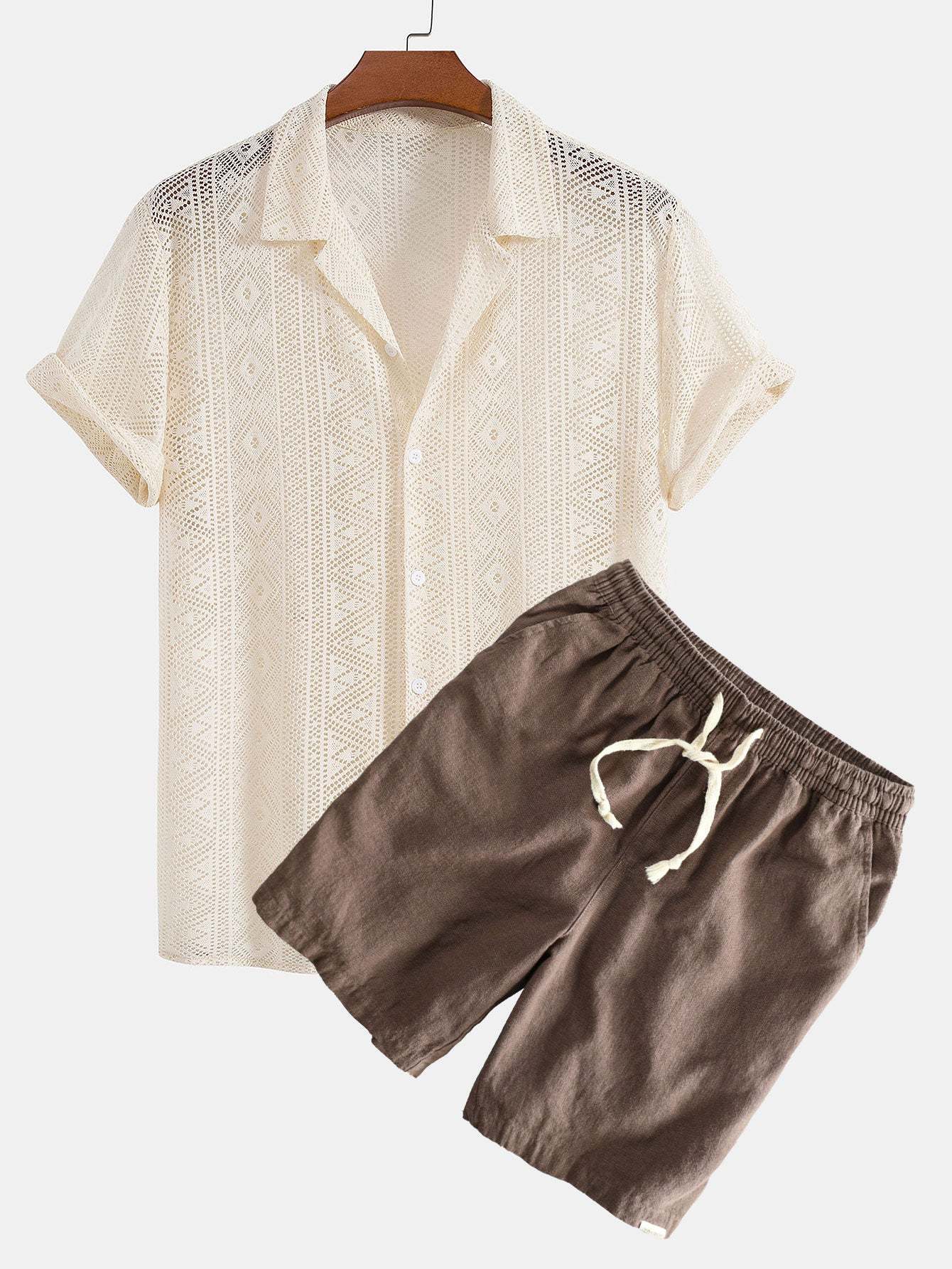 Short Sleeve Geometry Textured Cuban Shirt & Linen Cotton Blend Shorts-Mitchell Shoes