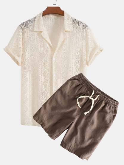 Short Sleeve Geometry Textured Cuban Shirt & Linen Cotton Blend Shorts-Mitchell Shoes