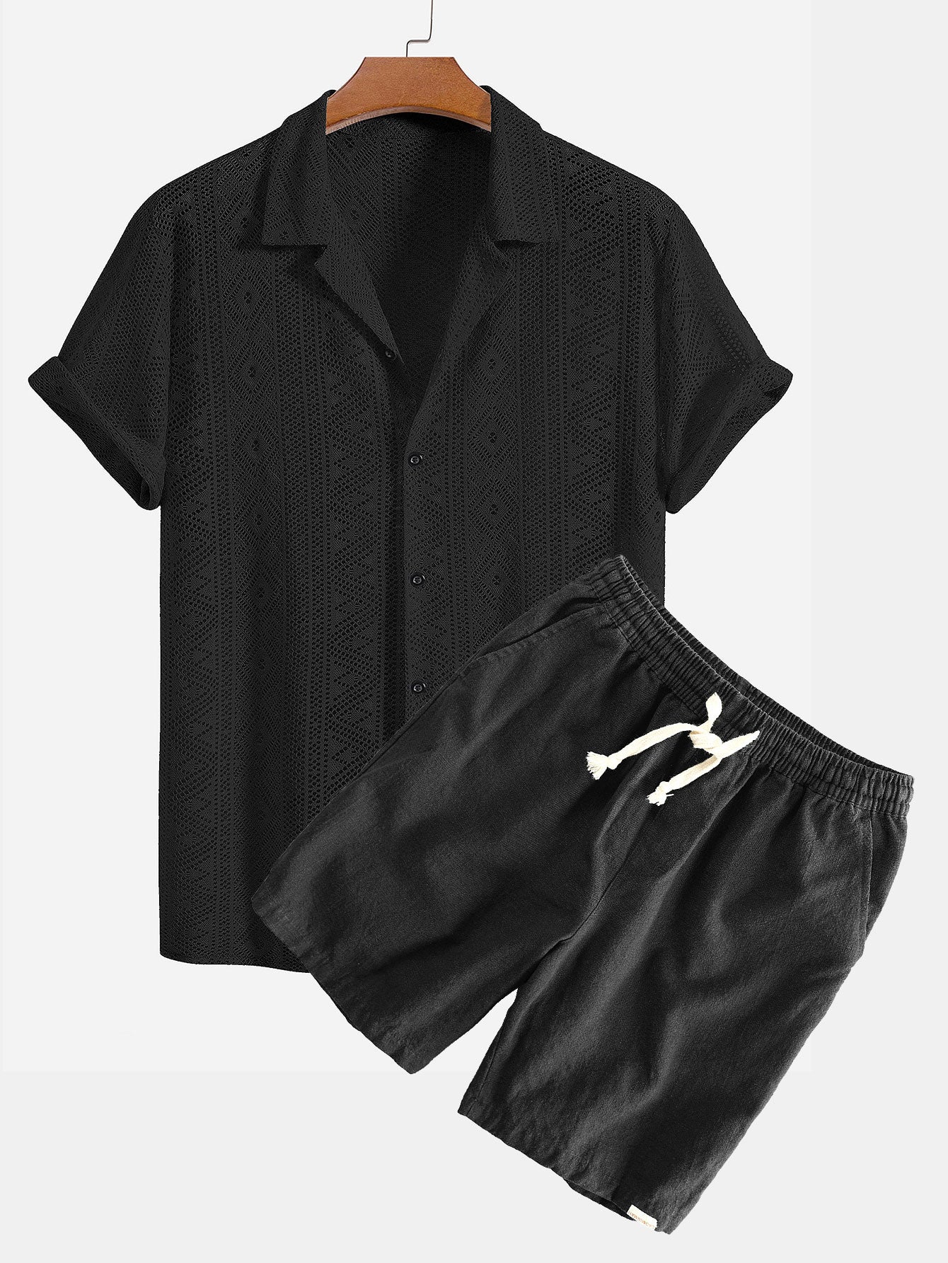 Short Sleeve Geometry Textured Cuban Shirt & Linen Cotton Blend Shorts-Mitchell Shoes