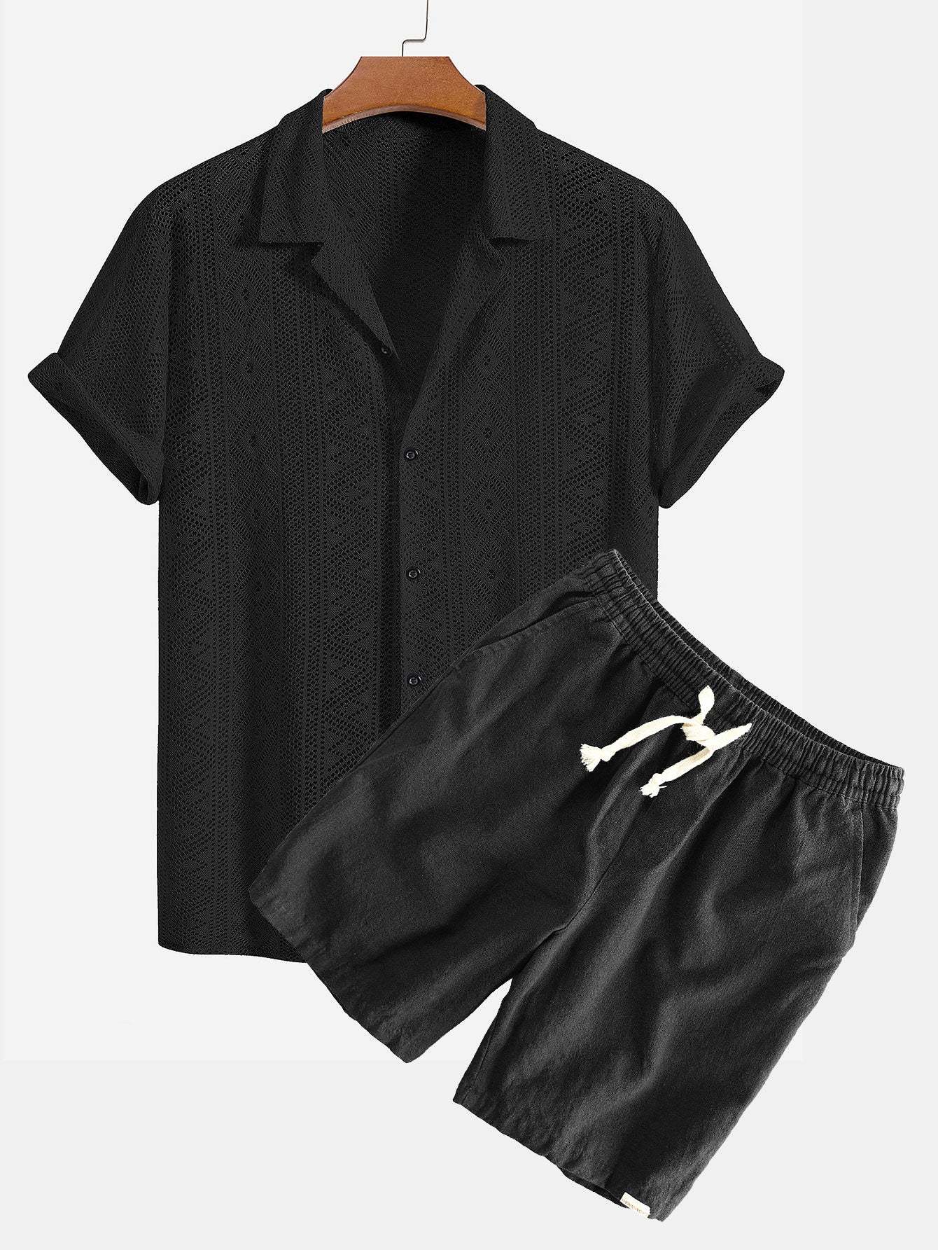 Short Sleeve Geometry Textured Cuban Shirt & Linen Cotton Blend Shorts-Mitchell Shoes