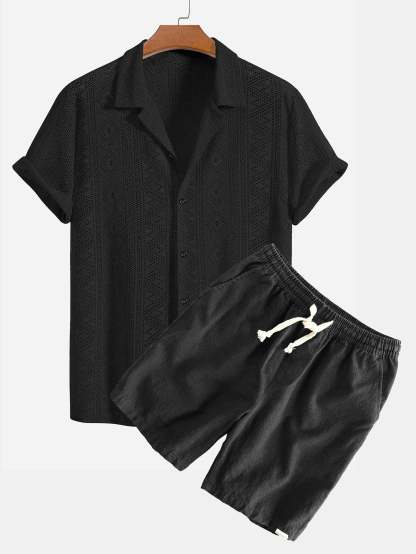Short Sleeve Geometry Textured Cuban Shirt & Linen Cotton Blend Shorts-Mitchell Shoes