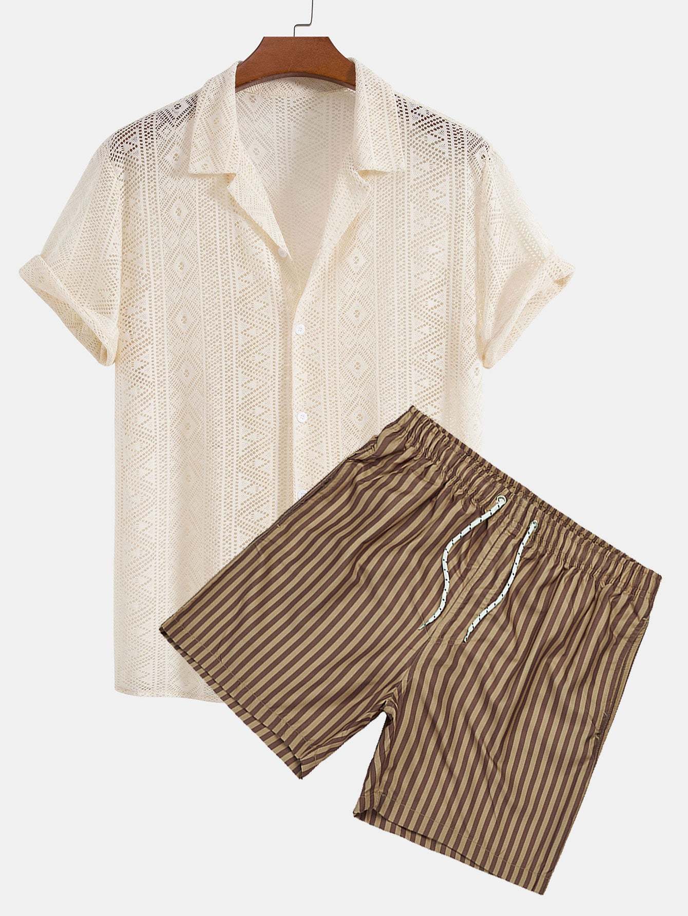 Short Sleeve Geometry Textured Cuban Shirt & Striped Swim Shorts-Mitchell Shoes