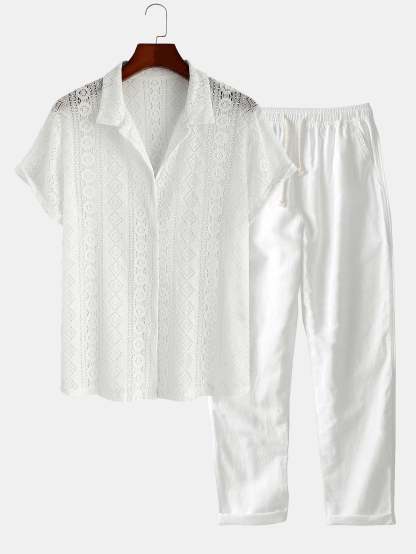 Geometry Textured Cuban Shirt & Straight Leg Linen Pants-Mitchell Shoes