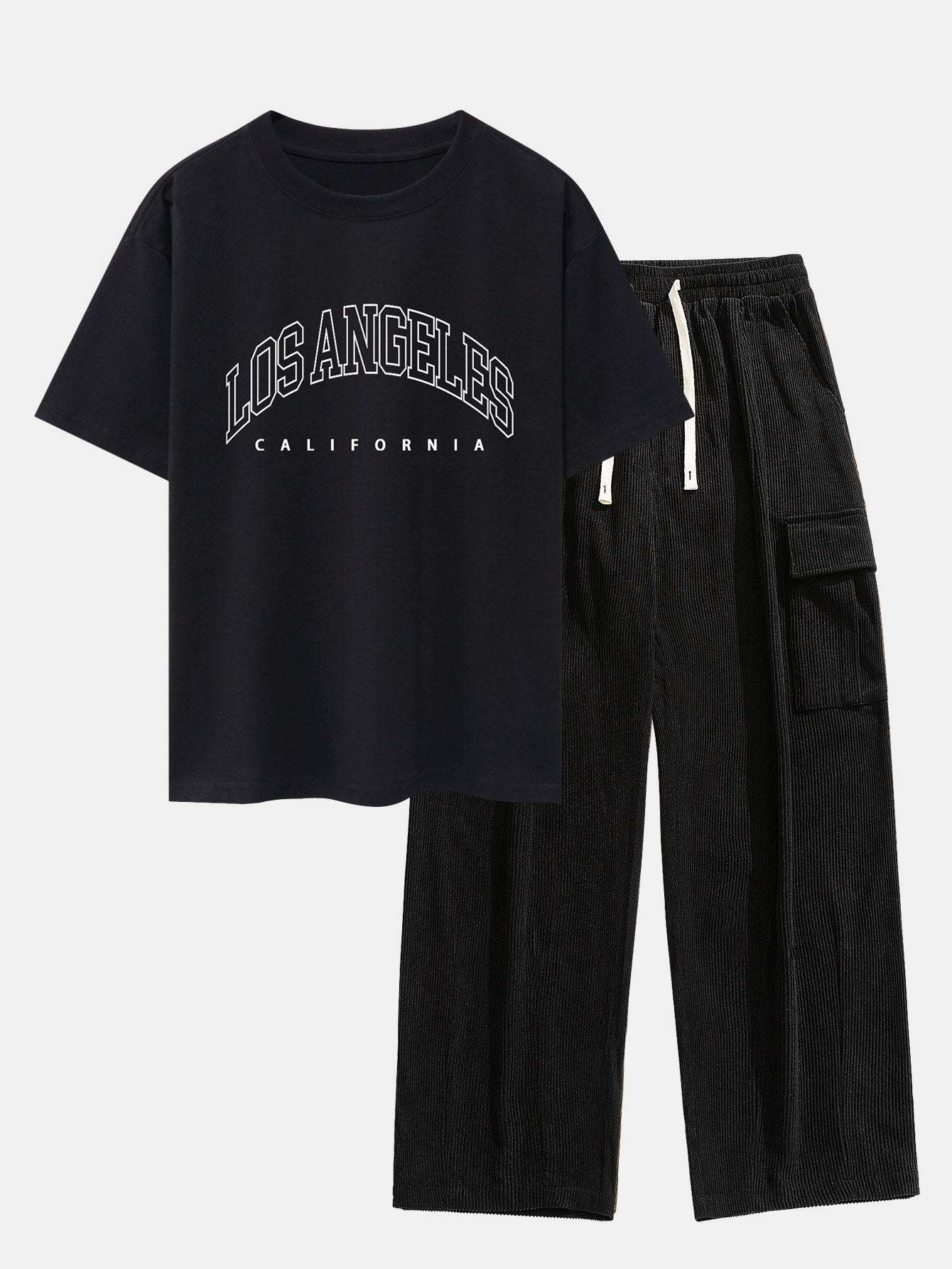 Los Angeles Print Heavy Weight Oversize T-Shirt & Loose Fit Corduroy Cargo Pants-Mitchell Shoes