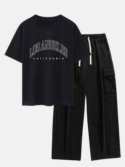 Los Angeles Print Heavy Weight Oversize T-Shirt & Loose Fit Corduroy Cargo Pants-Mitchell Shoes