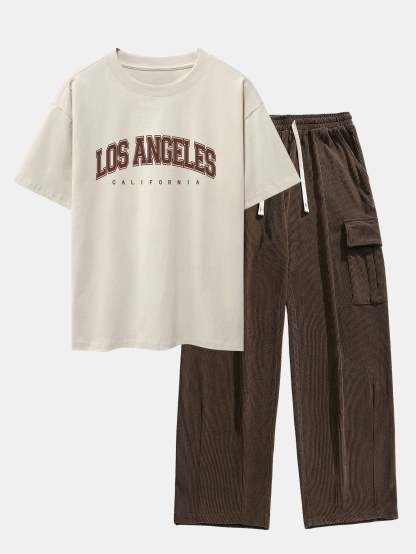 Los Angeles Print Heavy Weight Oversize T-Shirt & Loose Fit Corduroy Cargo Pants-Mitchell Shoes