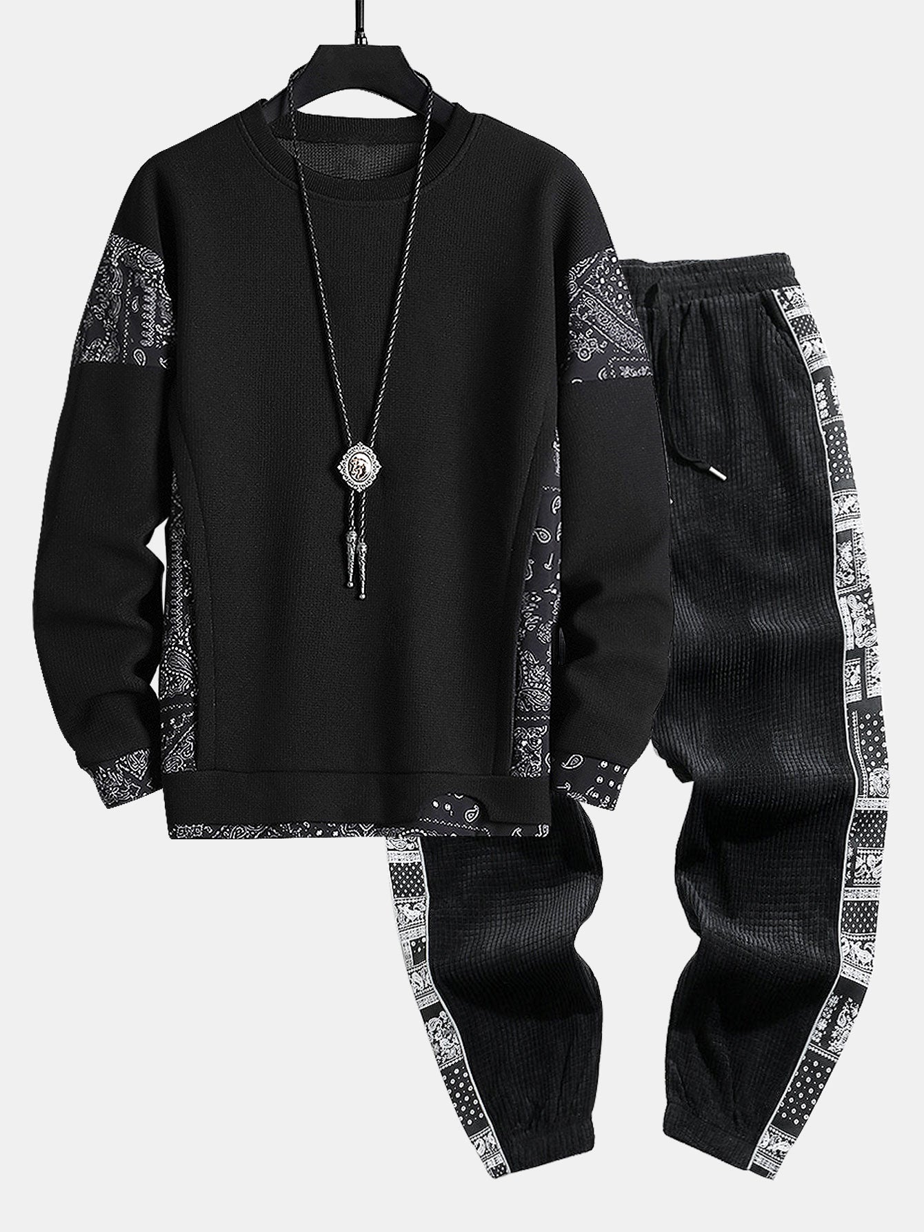 Paisley Print Panel Waffle Sweatshirt & Corduroy Paisley Print Panel Pants-Mitchell Shoes
