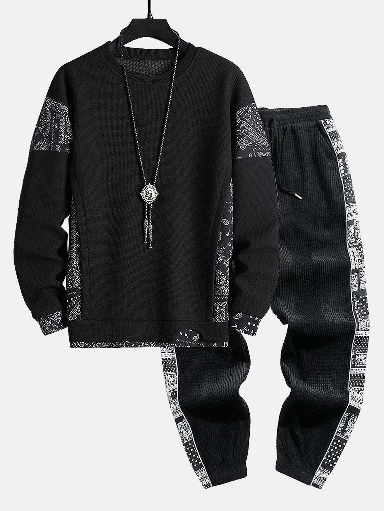 Paisley Print Panel Waffle Sweatshirt & Corduroy Paisley Print Panel Pants-Mitchell Shoes