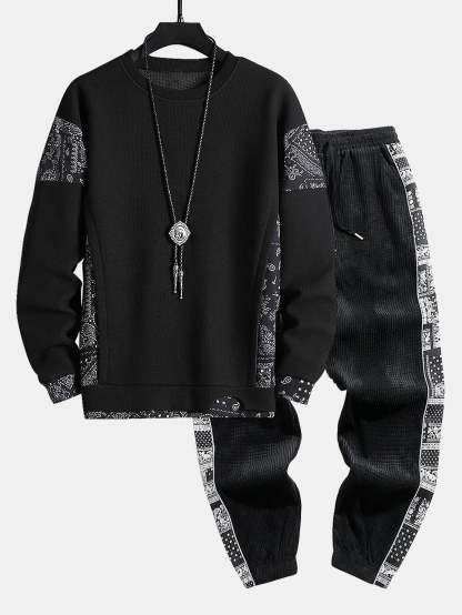 Paisley Print Panel Waffle Sweatshirt & Corduroy Paisley Print Panel Pants-Mitchell Shoes
